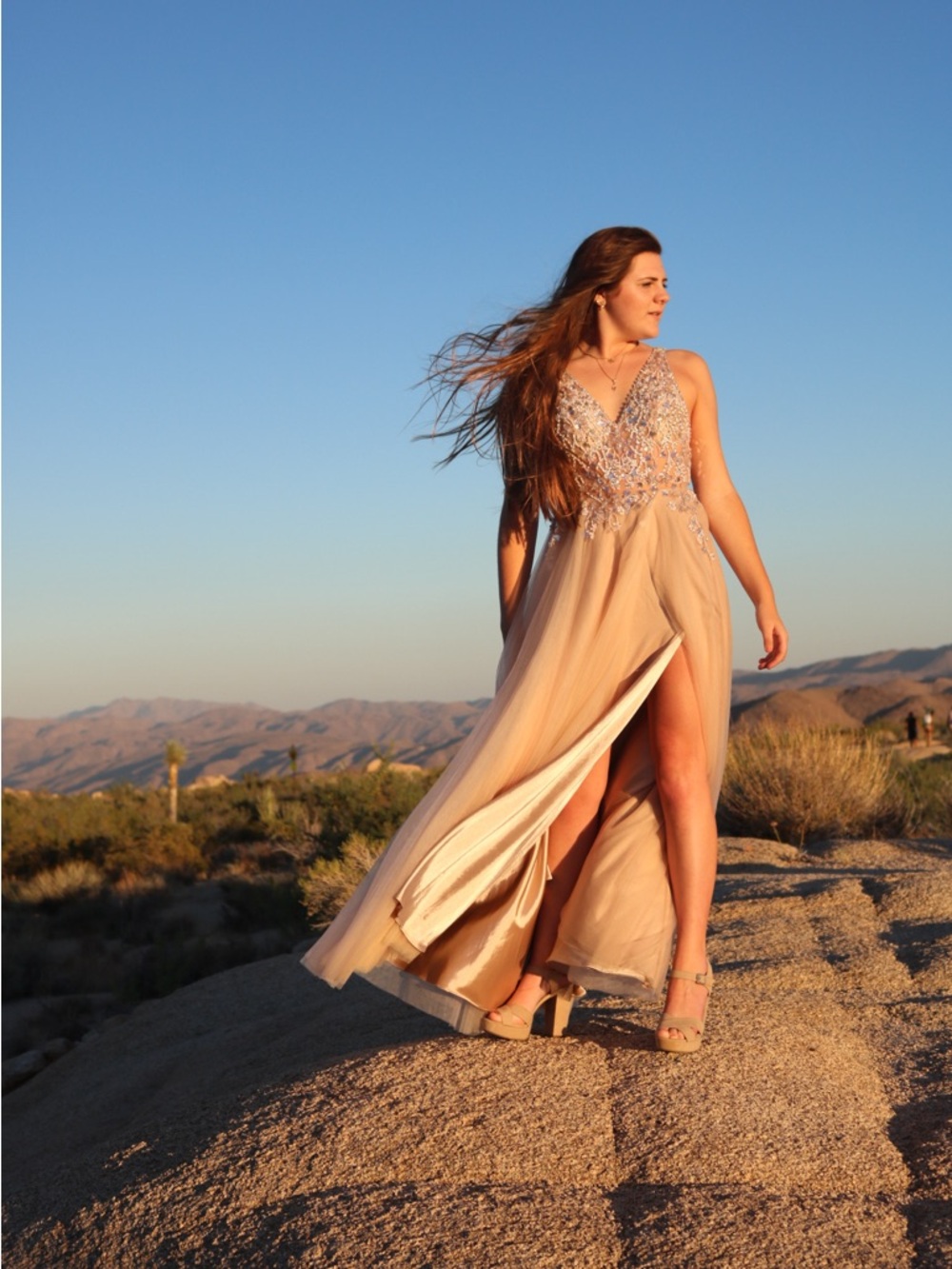 Jovani Champagne Beaded V-Neck Prom Gown with High Slit